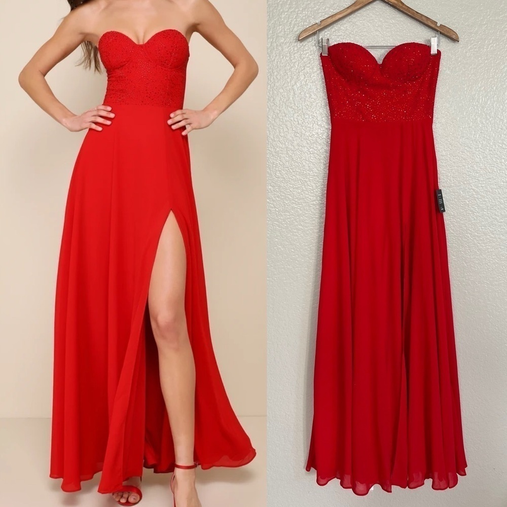 Remember This Moment Red Rhinestone Strapless Maxi Dress